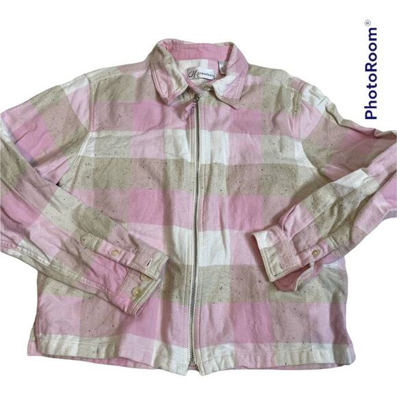 DRESSBARN Medium 100% Cotton Plaid Zip Up Shacket Jacket Collar Pink White‎ - Picture 1 of 3